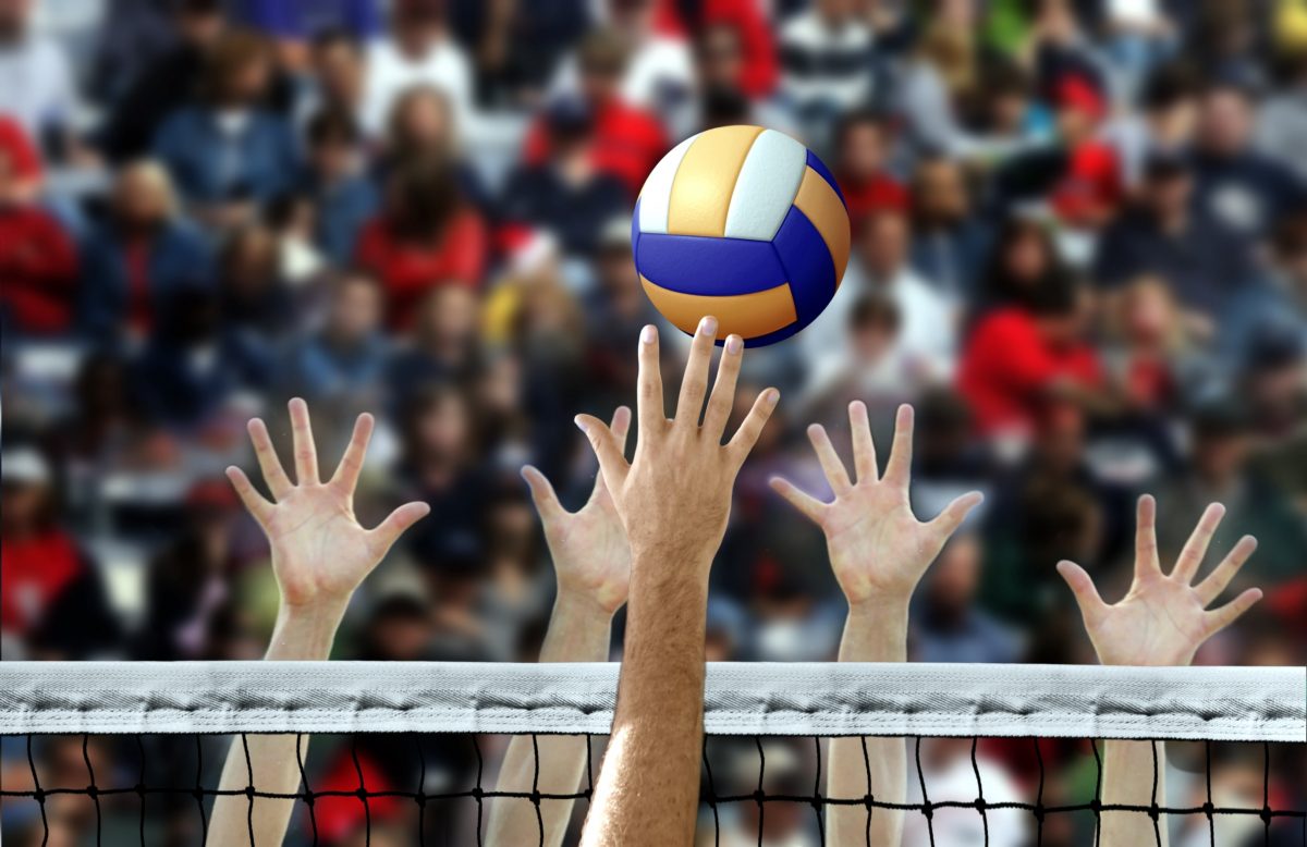 Hände und ein Volleyball am Netz